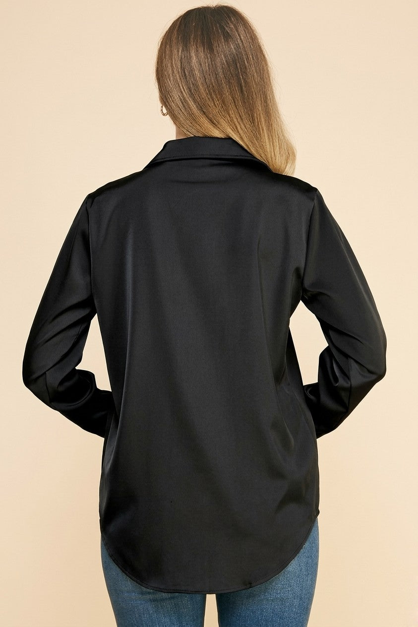 Satin Open Collar Oversized Dress Shirt Blouse
