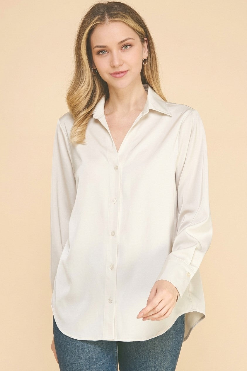 Satin Open Collar Oversized Dress Shirt Blouse