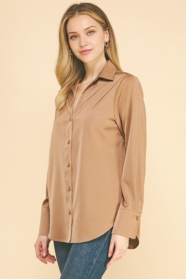 Satin Open Collar Oversized Dress Shirt Blouse