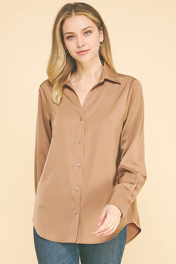 Satin Open Collar Oversized Dress Shirt Blouse