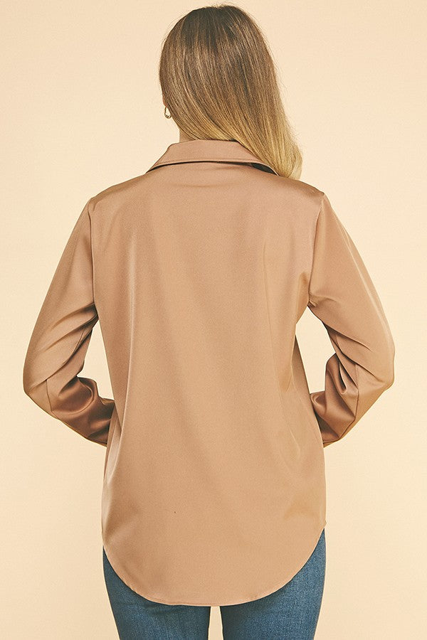 Satin Open Collar Oversized Dress Shirt Blouse