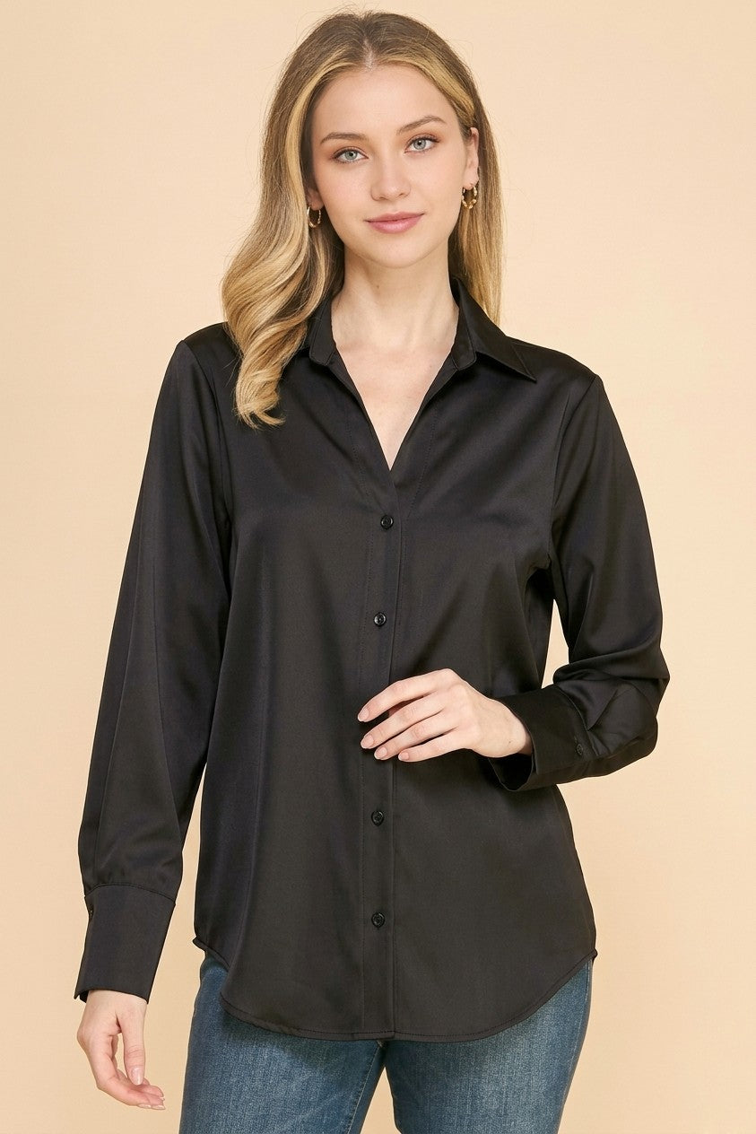 Satin Open Collar Oversized Dress Shirt Blouse