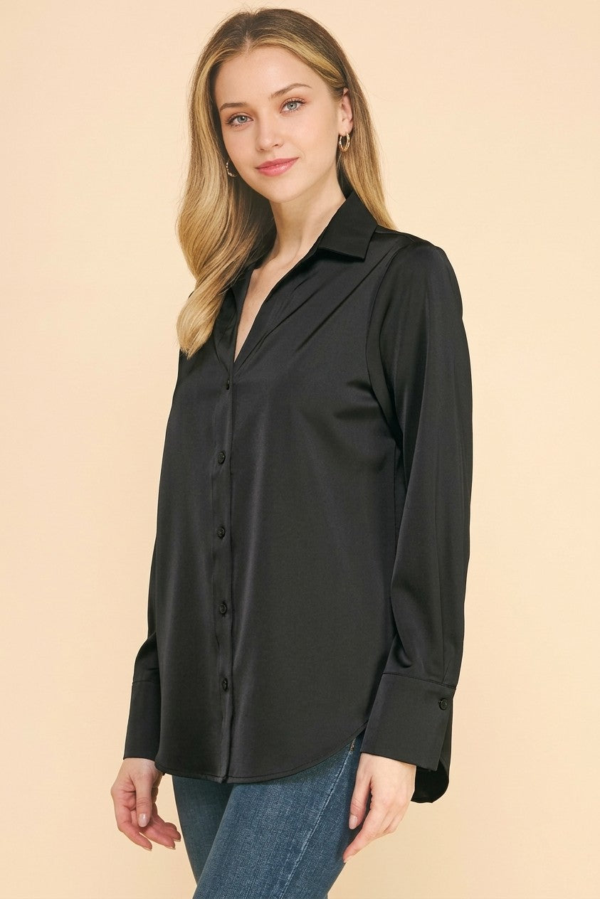 Satin Open Collar Oversized Dress Shirt Blouse