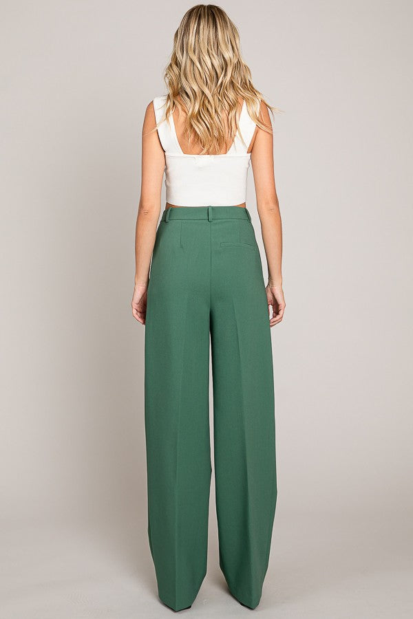 Twill Wide Leg Single Pleated High Waisted Trousers Pants