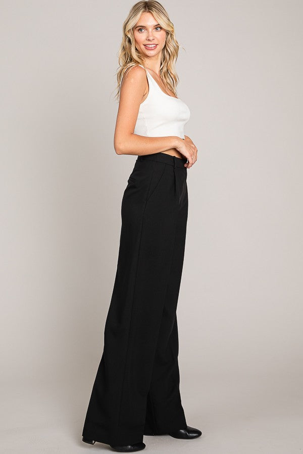 Twill Wide Leg Single Pleated High Waisted Trousers Pants