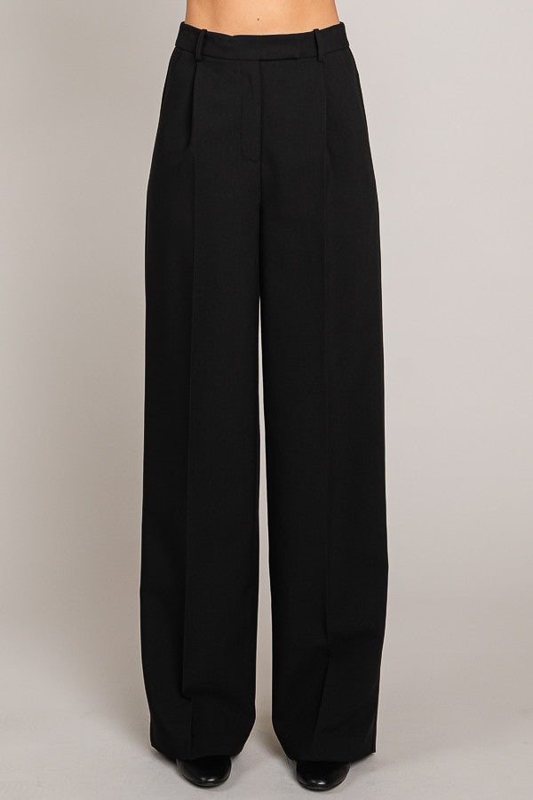 Twill Wide Leg Single Pleated High Waisted Trousers Pants