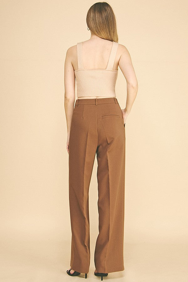 Twill Wide Leg Single Pleated High Waisted Trousers Pants