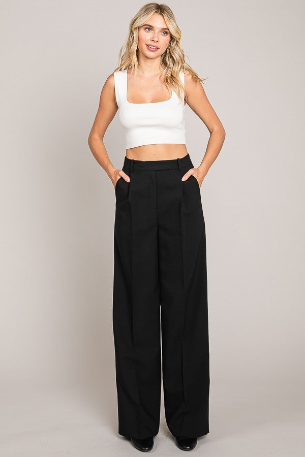 Twill Wide Leg Single Pleated High Waisted Trousers Pants