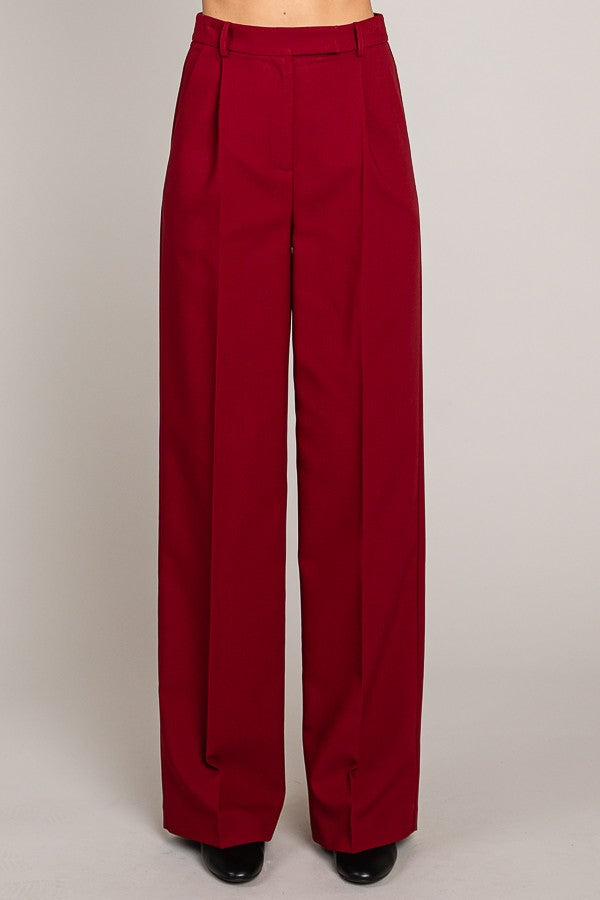 Twill Wide Leg Single Pleated High Waisted Trousers Pants