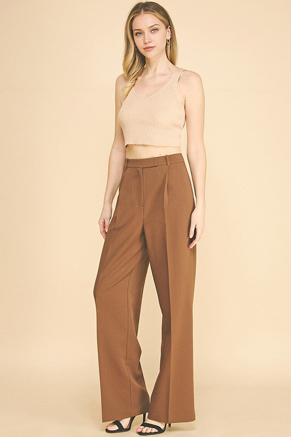 Twill Wide Leg Single Pleated High Waisted Trousers Pants