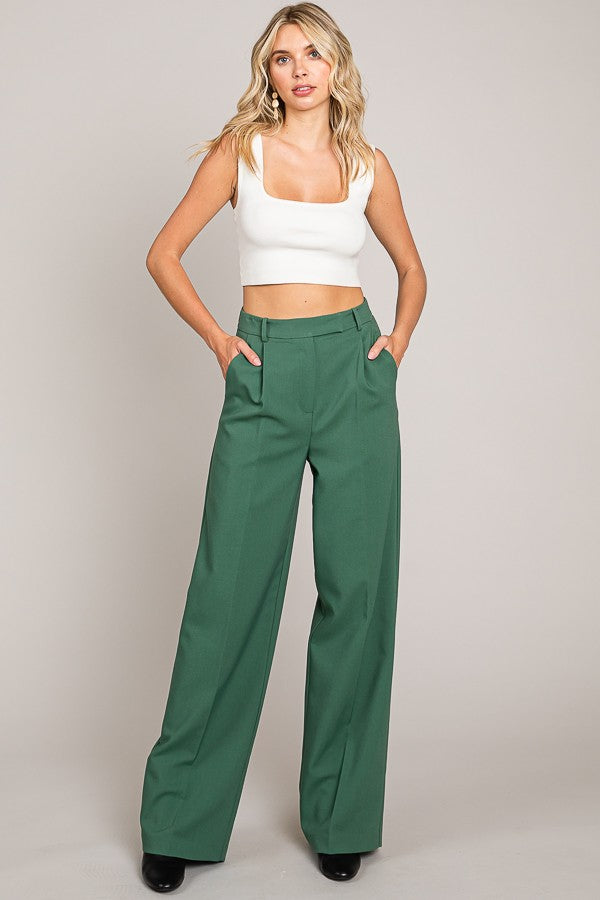 Twill Wide Leg Single Pleated High Waisted Trousers Pants