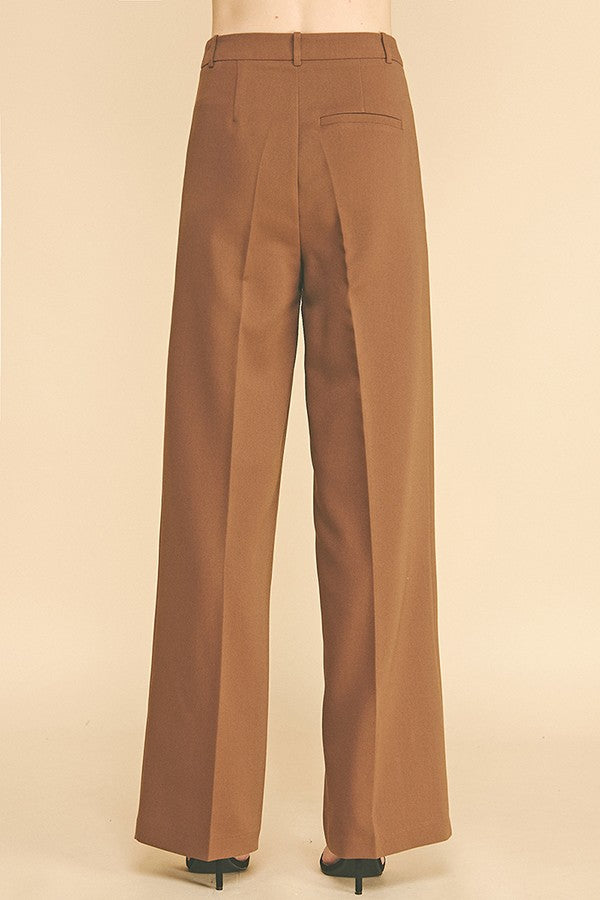 Twill Wide Leg Single Pleated High Waisted Trousers Pants