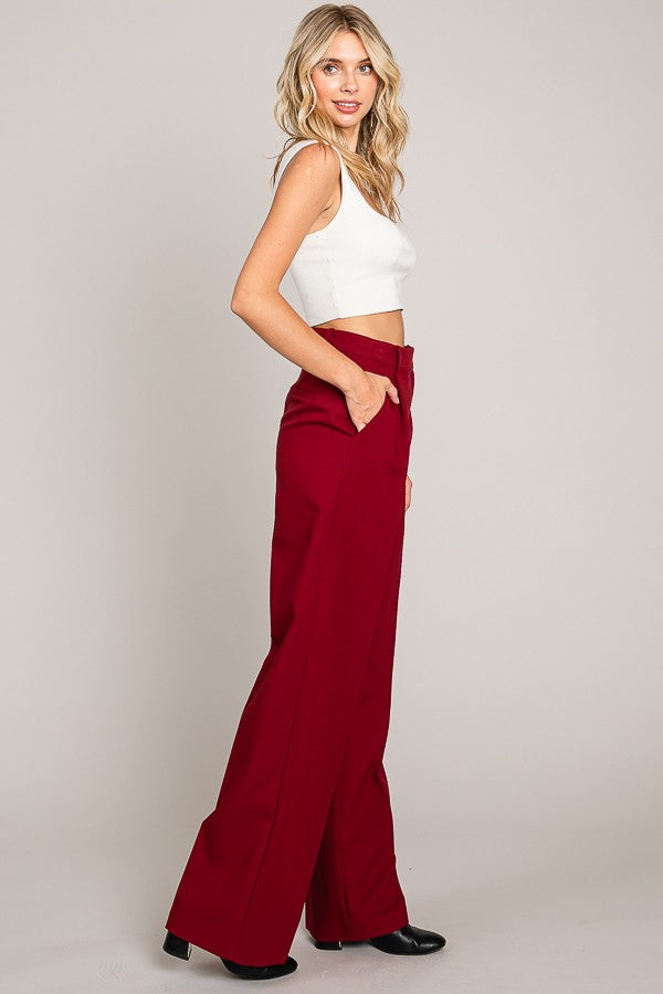 Twill Wide Leg Single Pleated High Waisted Trousers Pants
