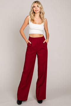 Twill Wide Leg Single Pleated High Waisted Trousers Pants