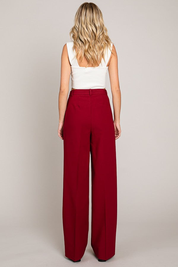 Twill Wide Leg Single Pleated High Waisted Trousers Pants