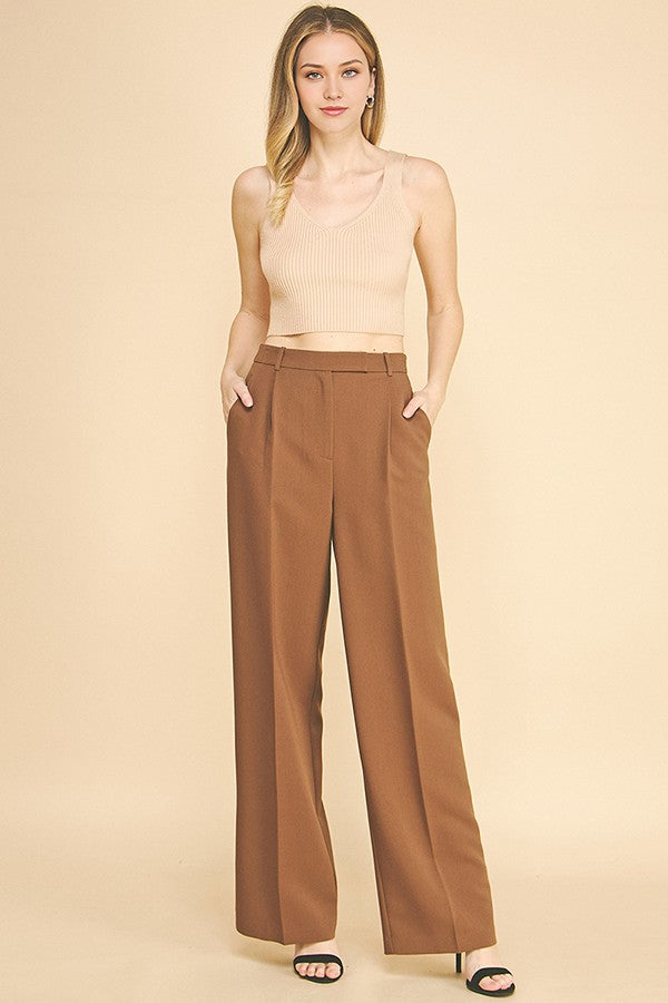 Twill Wide Leg Single Pleated High Waisted Trousers Pants