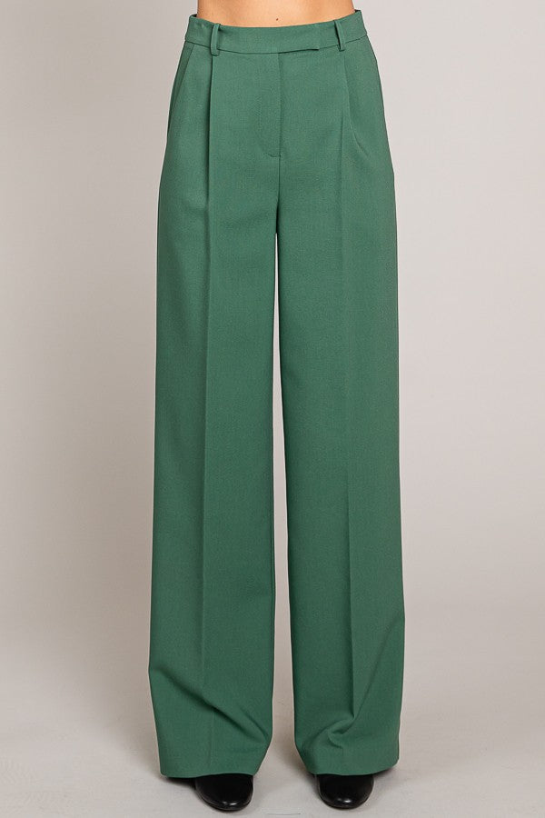 Twill Wide Leg Single Pleated High Waisted Trousers Pants