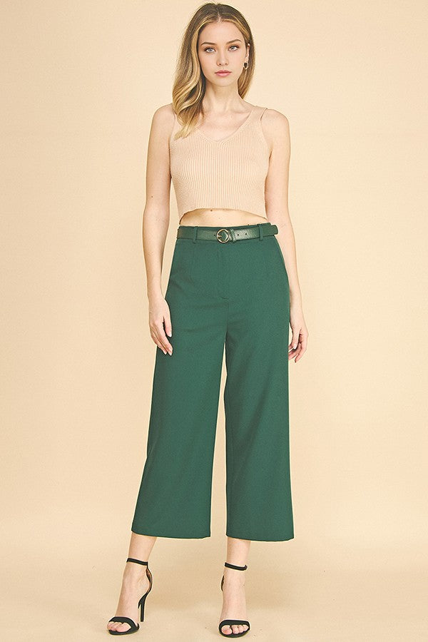 Twill Cropped Leather Buckle Belted Wide Leg High Rise Pants