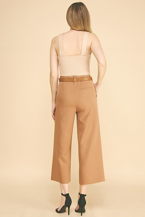 Twill Cropped Leather Buckle Belted Wide Leg High Rise Pants