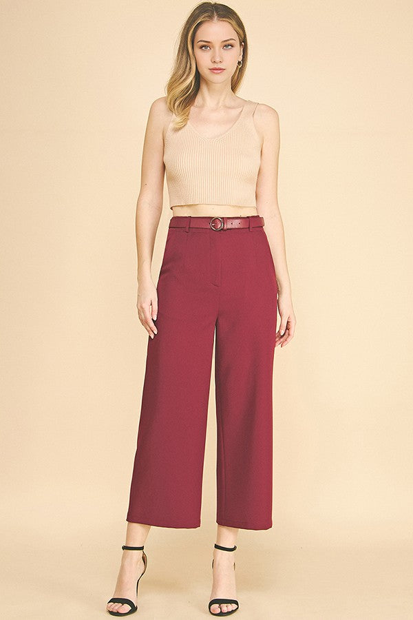 Twill Cropped Leather Buckle Belted Wide Leg High Rise Pants