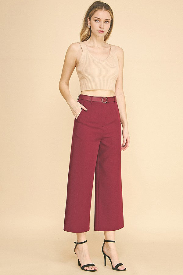Twill Cropped Leather Buckle Belted Wide Leg High Rise Pants