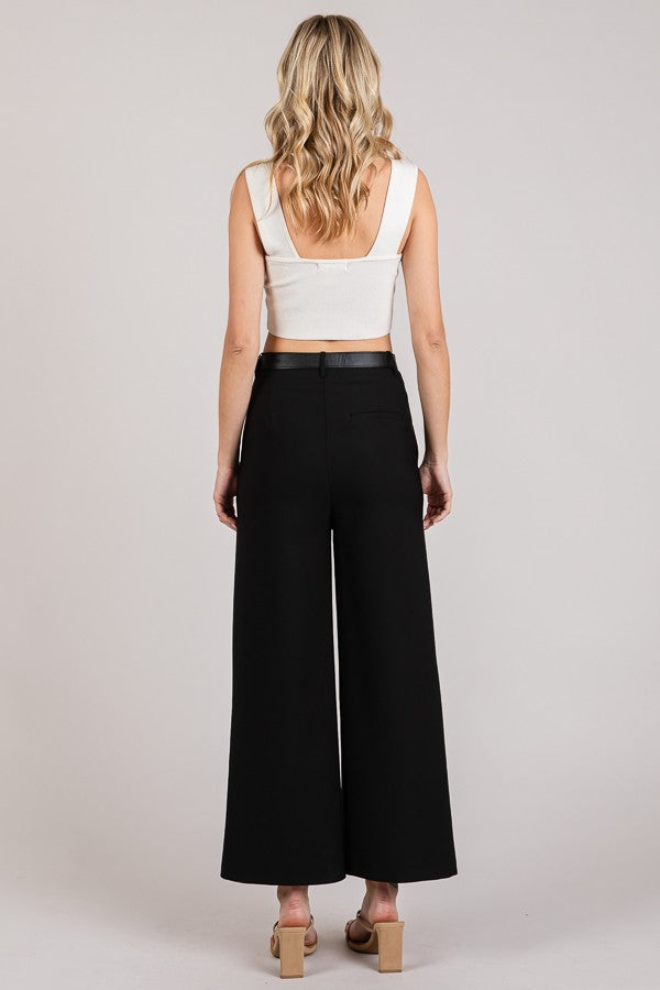 Twill Cropped Leather Buckle Belted Wide Leg High Rise Pants