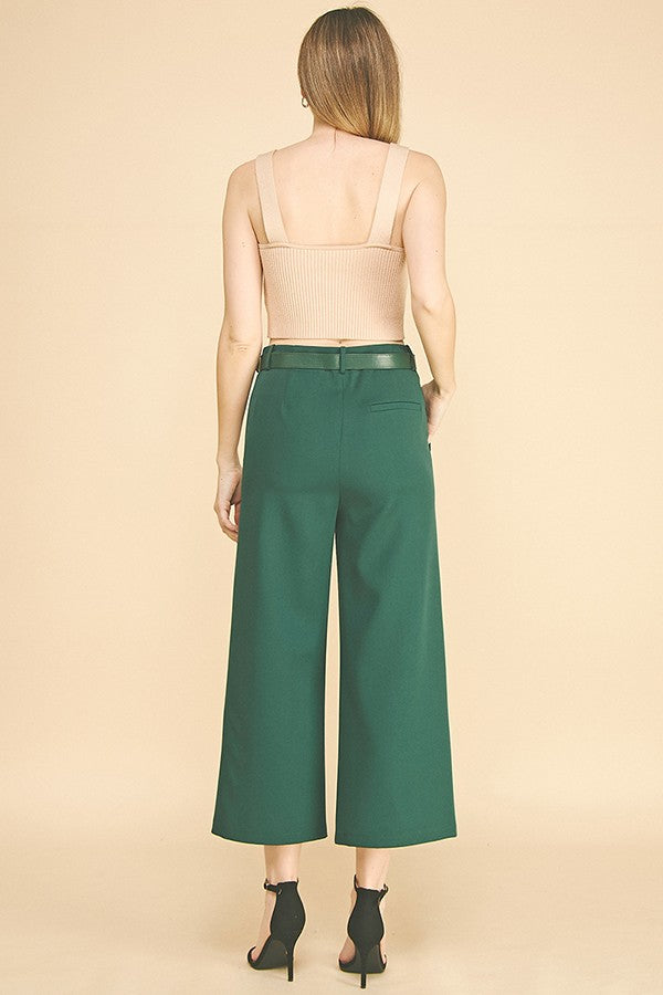 Twill Cropped Leather Buckle Belted Wide Leg High Rise Pants