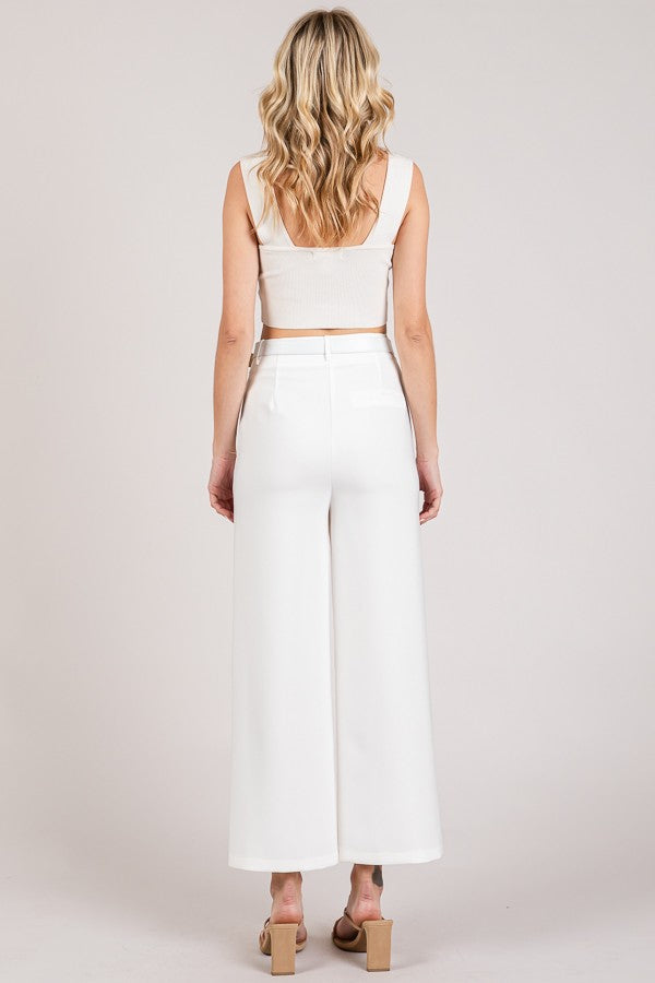 Twill Cropped Leather Buckle Belted Wide Leg High Rise Pants