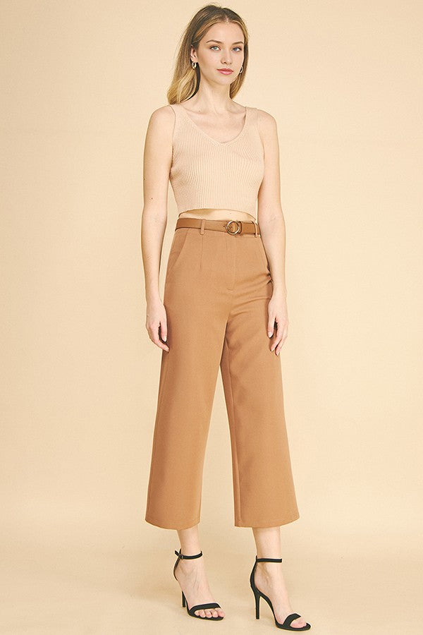 Twill Cropped Leather Buckle Belted Wide Leg High Rise Pants