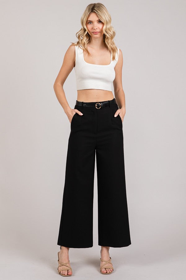 Twill Cropped Leather Buckle Belted Wide Leg High Rise Pants
