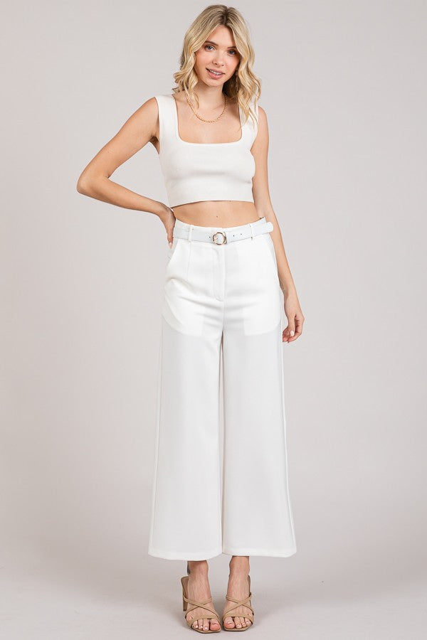 Twill Cropped Leather Buckle Belted Wide Leg High Rise Pants