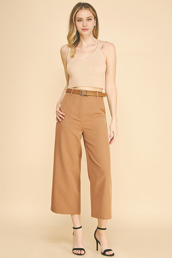 Twill Cropped Leather Buckle Belted Wide Leg High Rise Pants