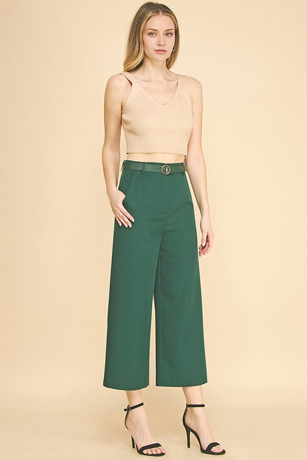 Twill Cropped Leather Buckle Belted Wide Leg High Rise Pants