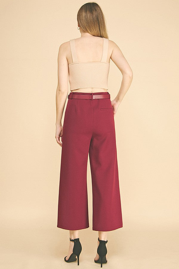 Twill Cropped Leather Buckle Belted Wide Leg High Rise Pants