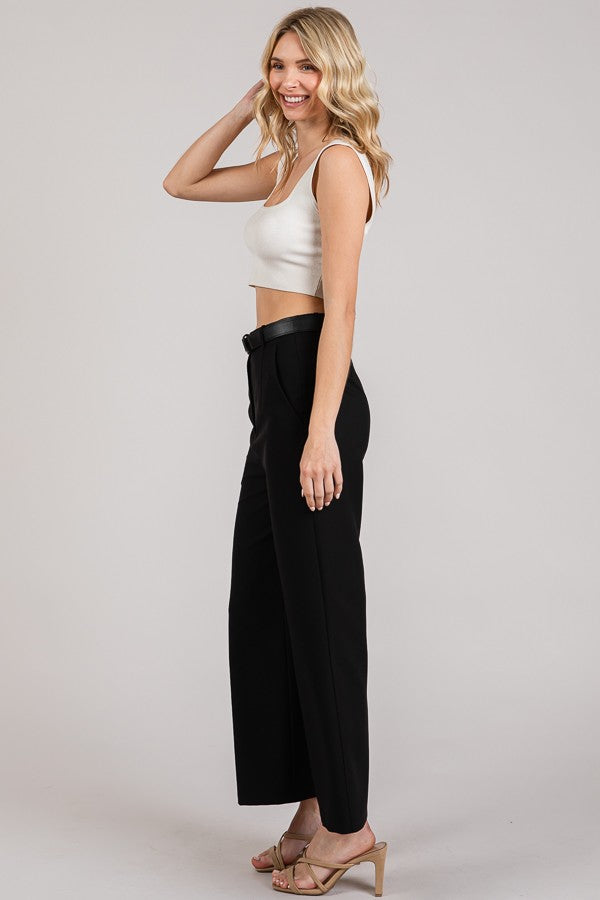 Twill Cropped Leather Buckle Belted Wide Leg High Rise Pants