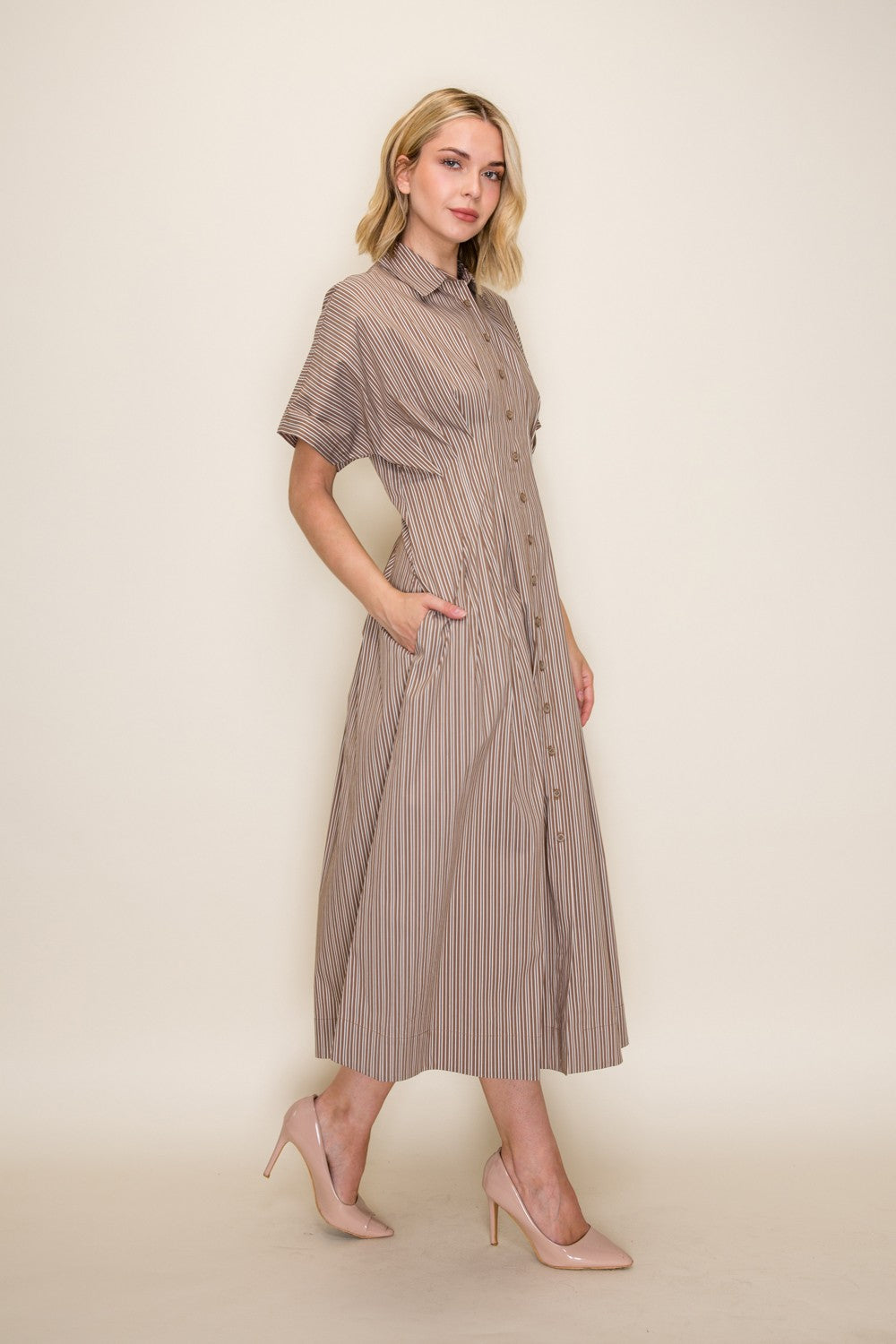 Striped Cinched Waist Midi Dress