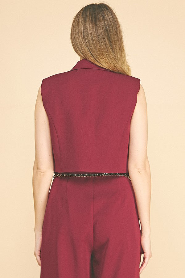 Twill Peak Collar Double Flap Trim Lined Vest Top