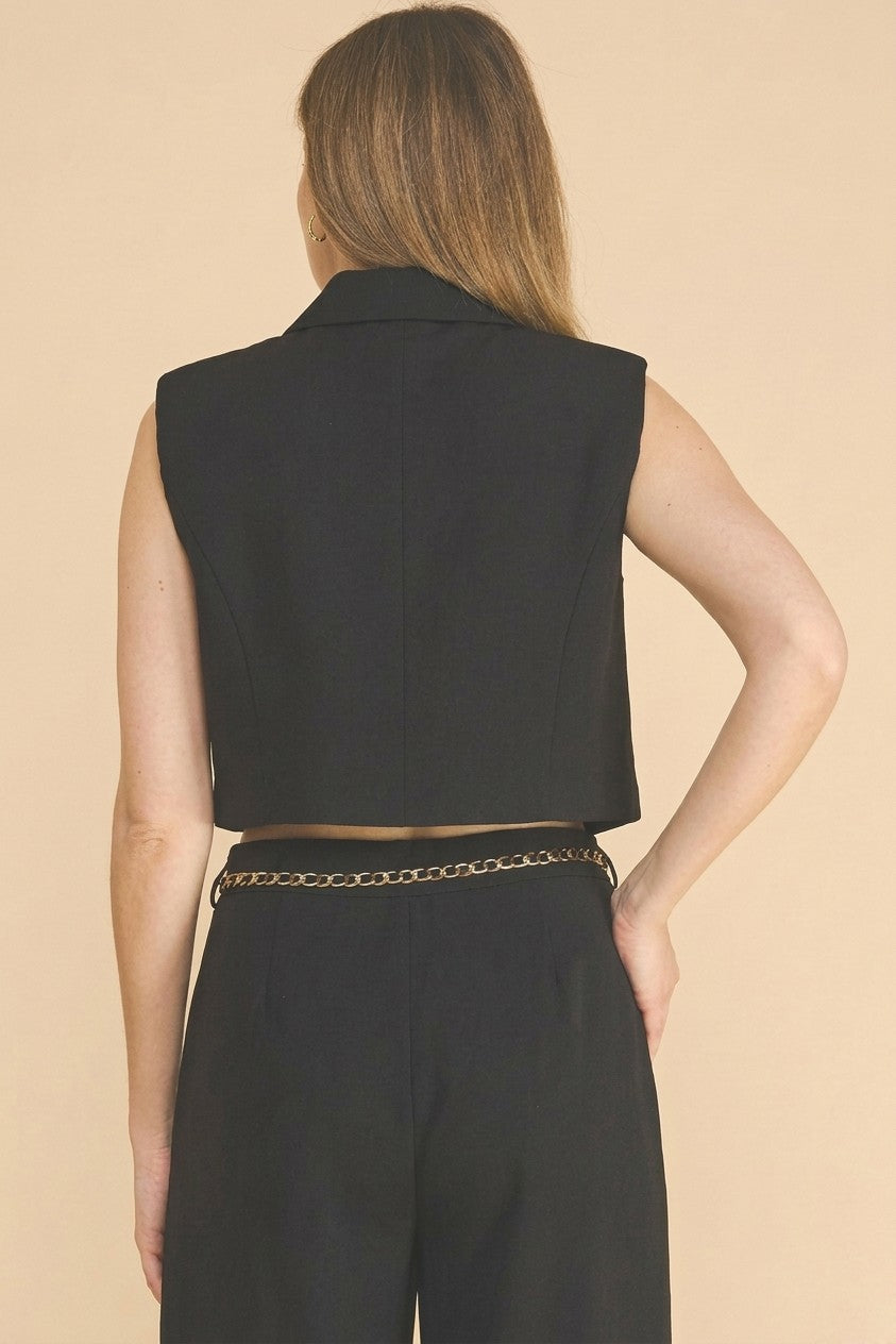 Twill Peak Collar Double Flap Trim Lined Vest Top