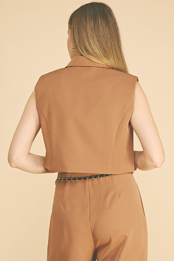 Twill Peak Collar Double Flap Trim Lined Vest Top
