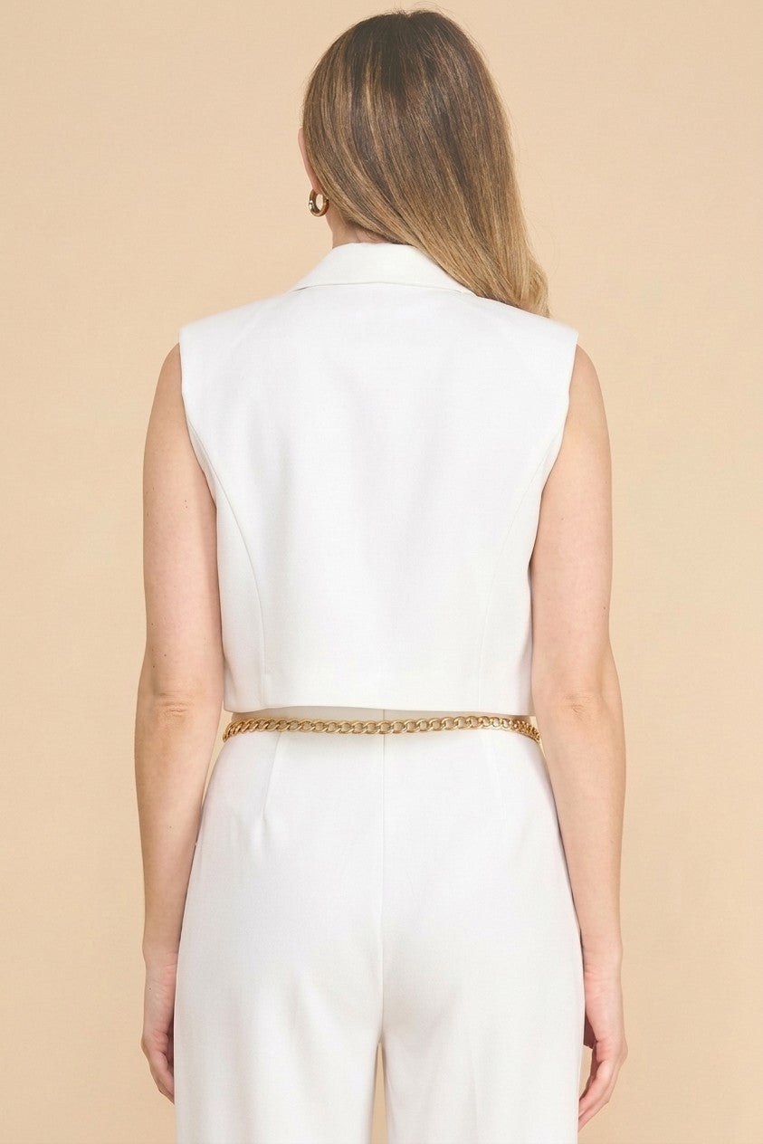 Twill Peak Collar Double Flap Trim Lined Vest Top