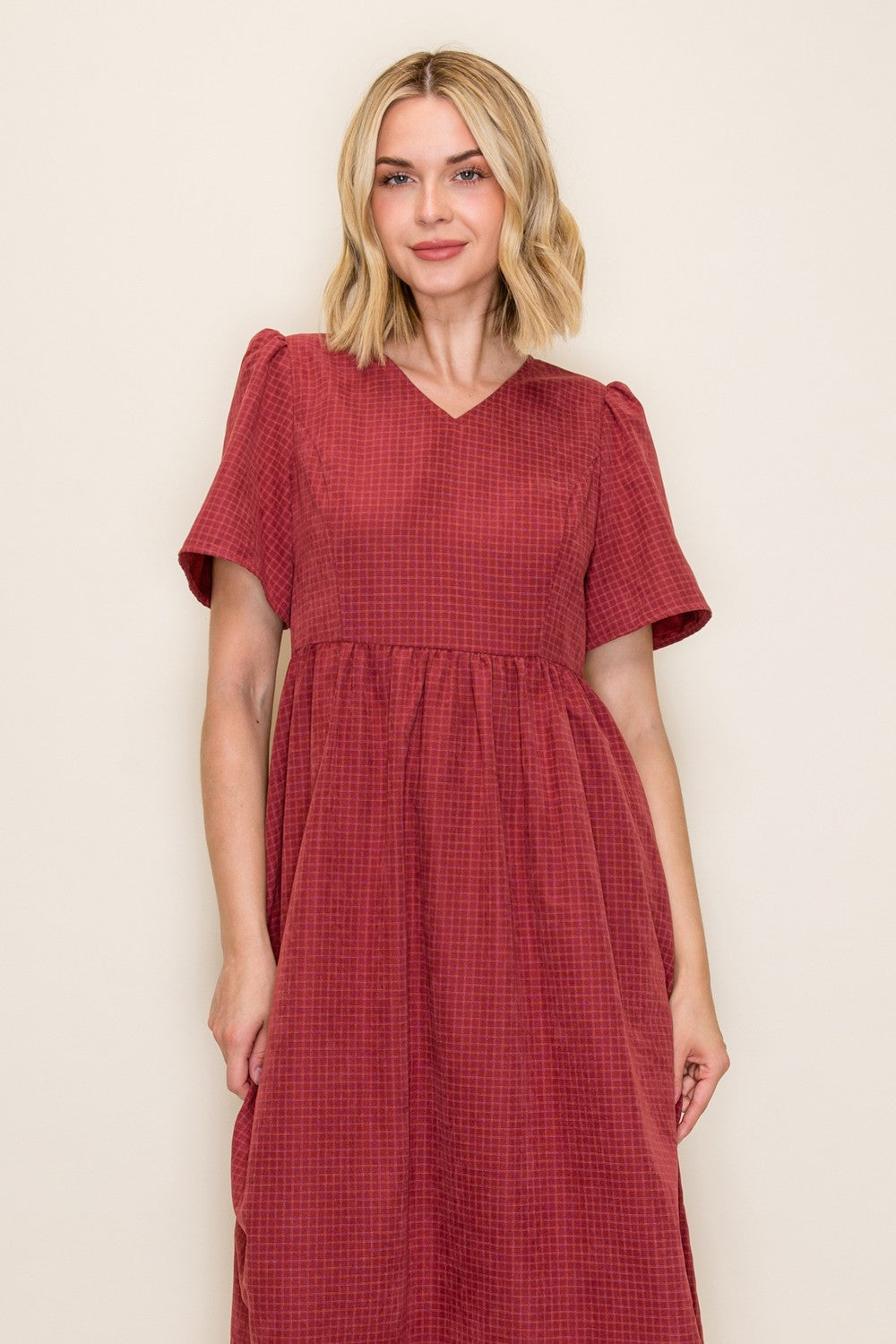 Gingham Print V-neck Flowy Midi Dress