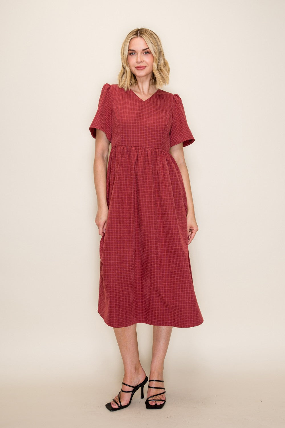Gingham Print V-neck Flowy Midi Dress