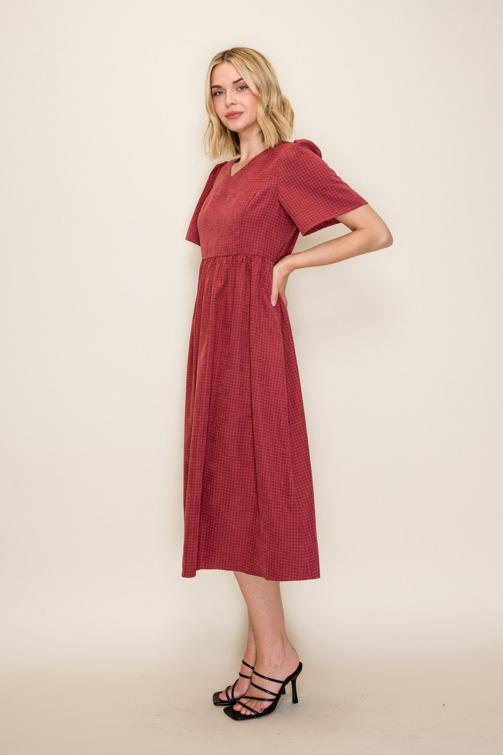 Gingham Print V-neck Flowy Midi Dress