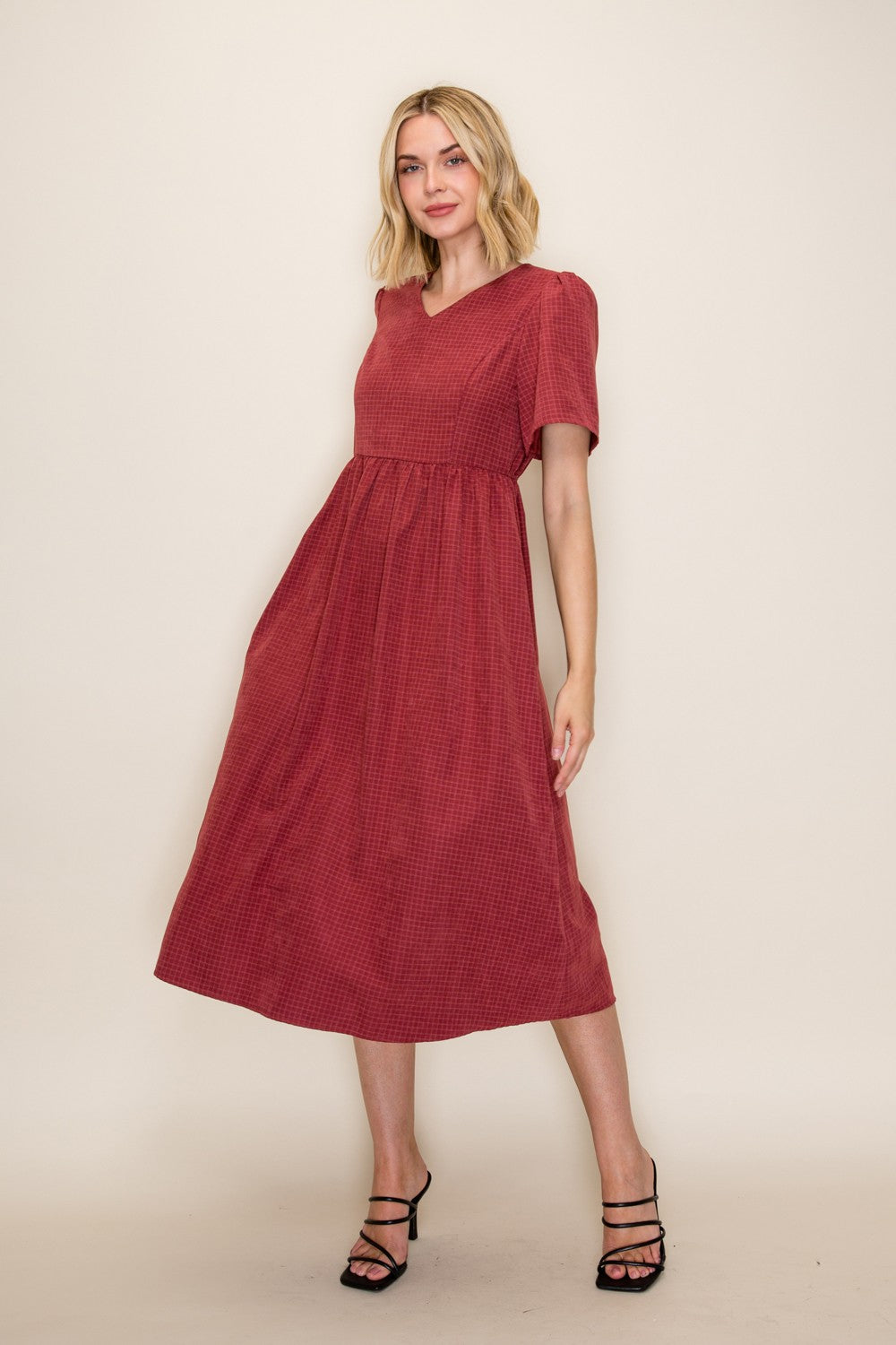 Gingham Print V-neck Flowy Midi Dress