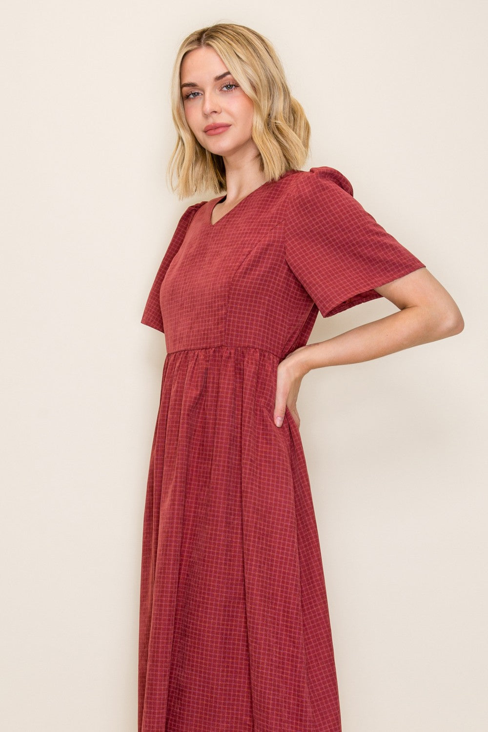 Gingham Print V-neck Flowy Midi Dress
