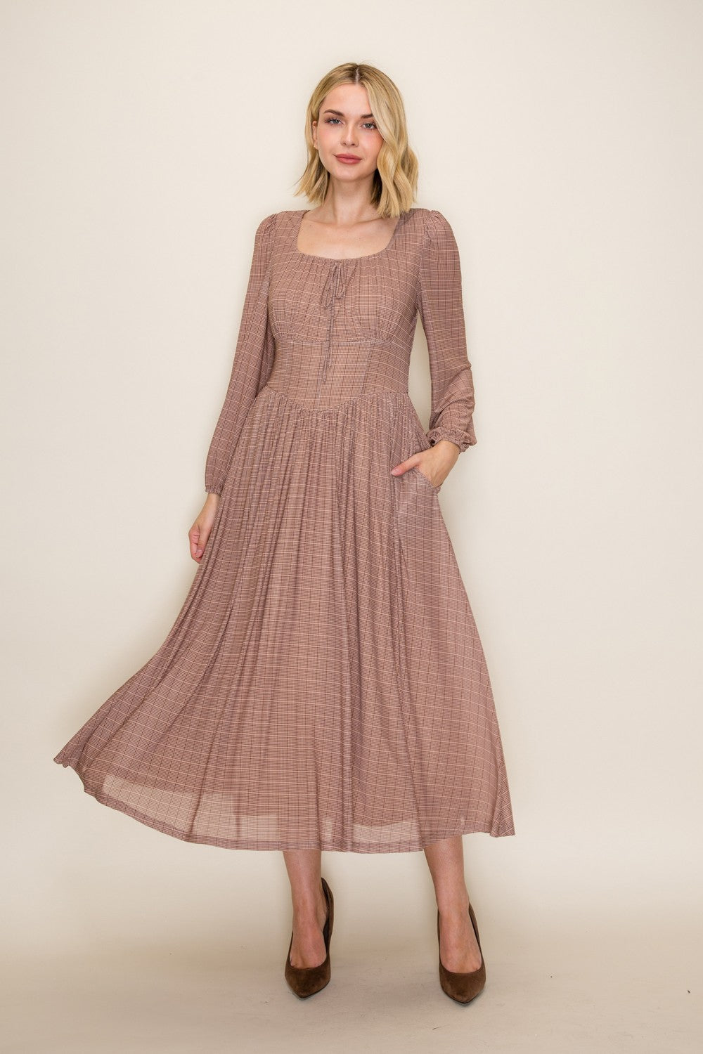 Classic Gingham Long Sleeve Midi Dress