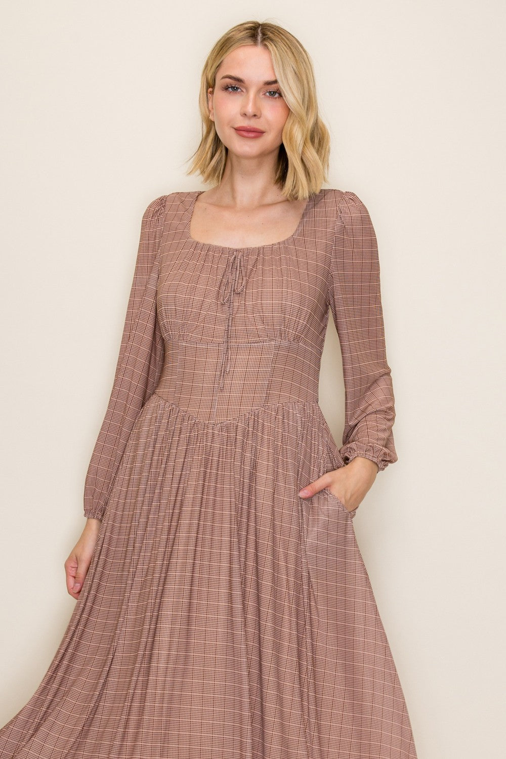 Classic Gingham Long Sleeve Midi Dress