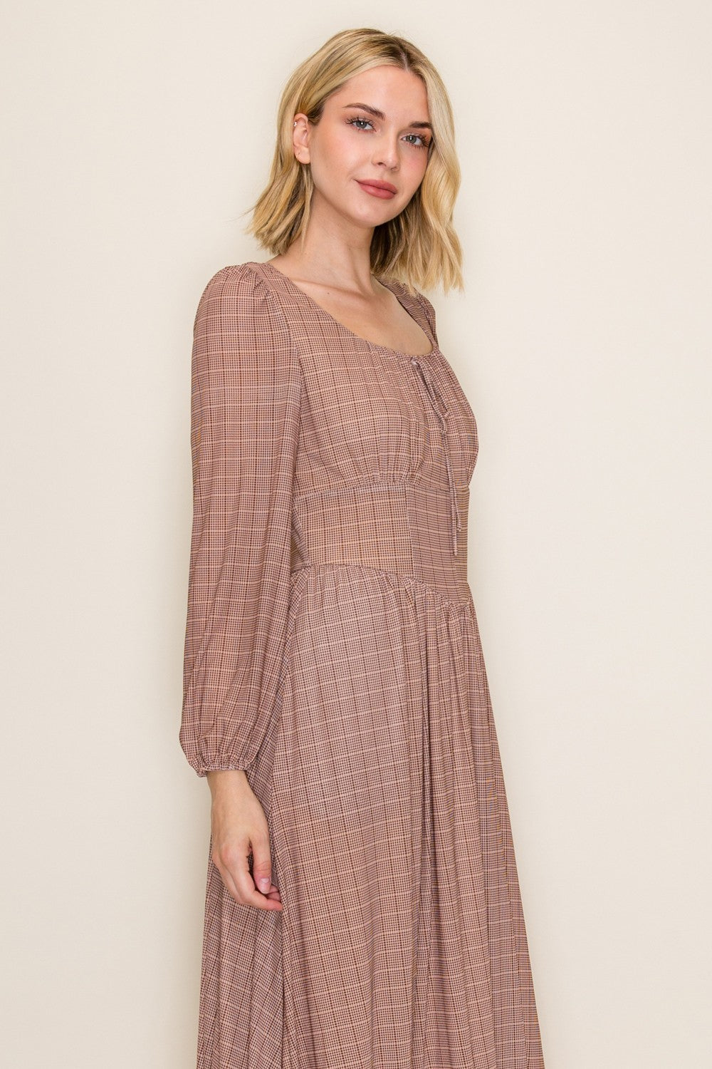 Classic Gingham Long Sleeve Midi Dress