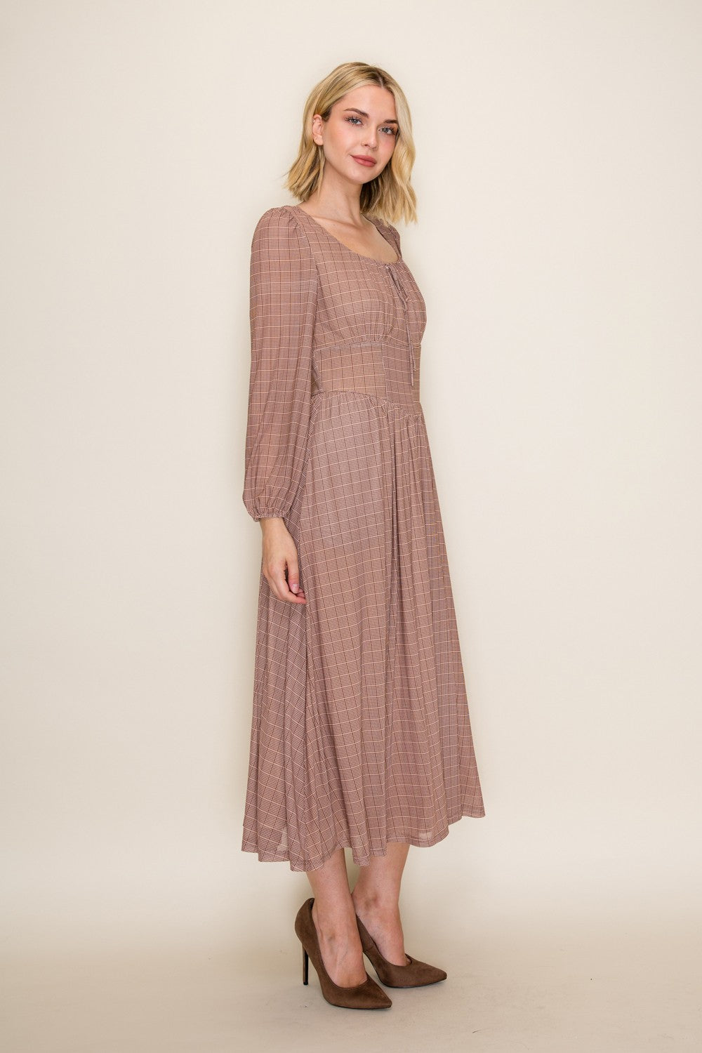 Classic Gingham Long Sleeve Midi Dress