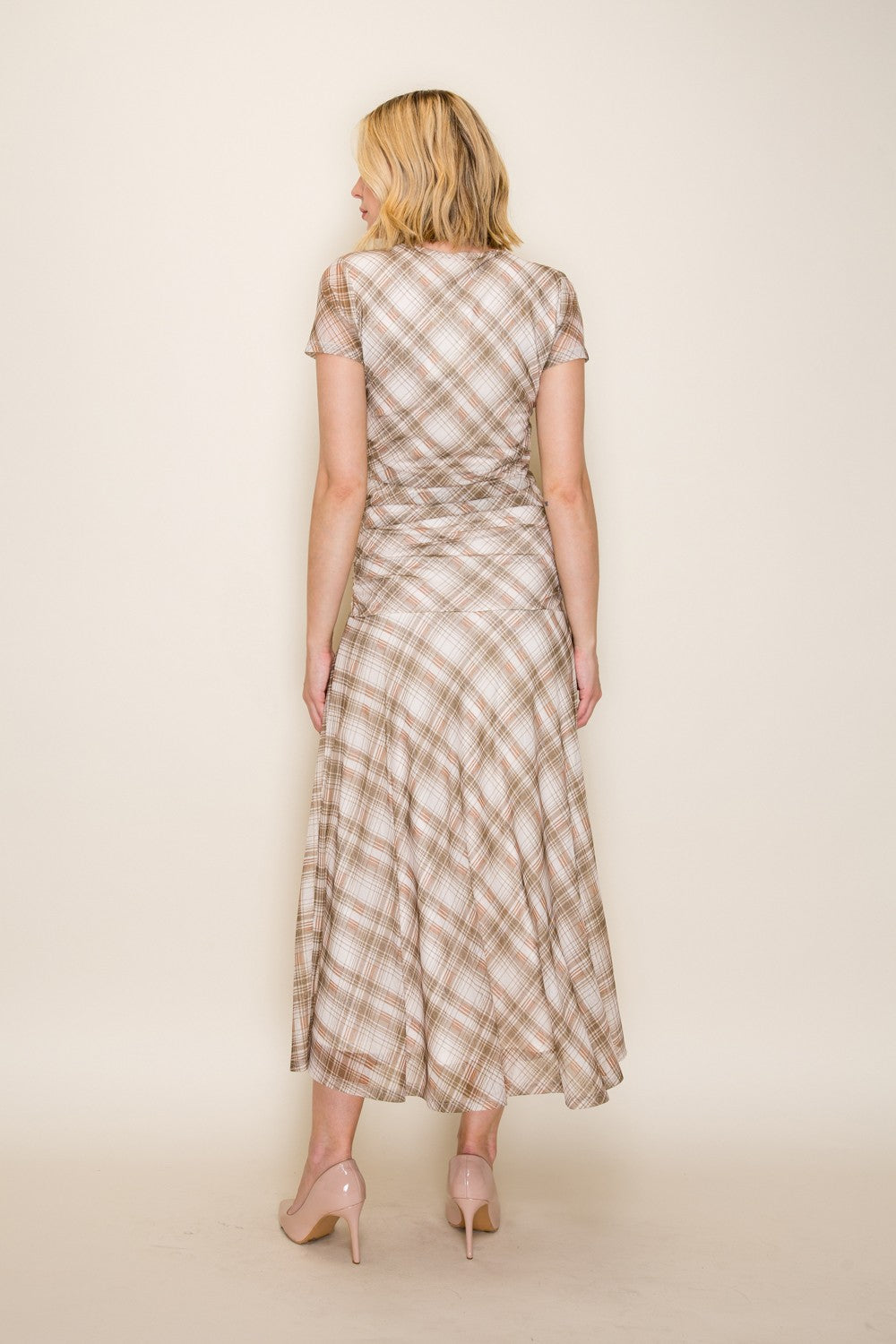 Plaid Ruched Mesh Fit And Flare Midi Dress